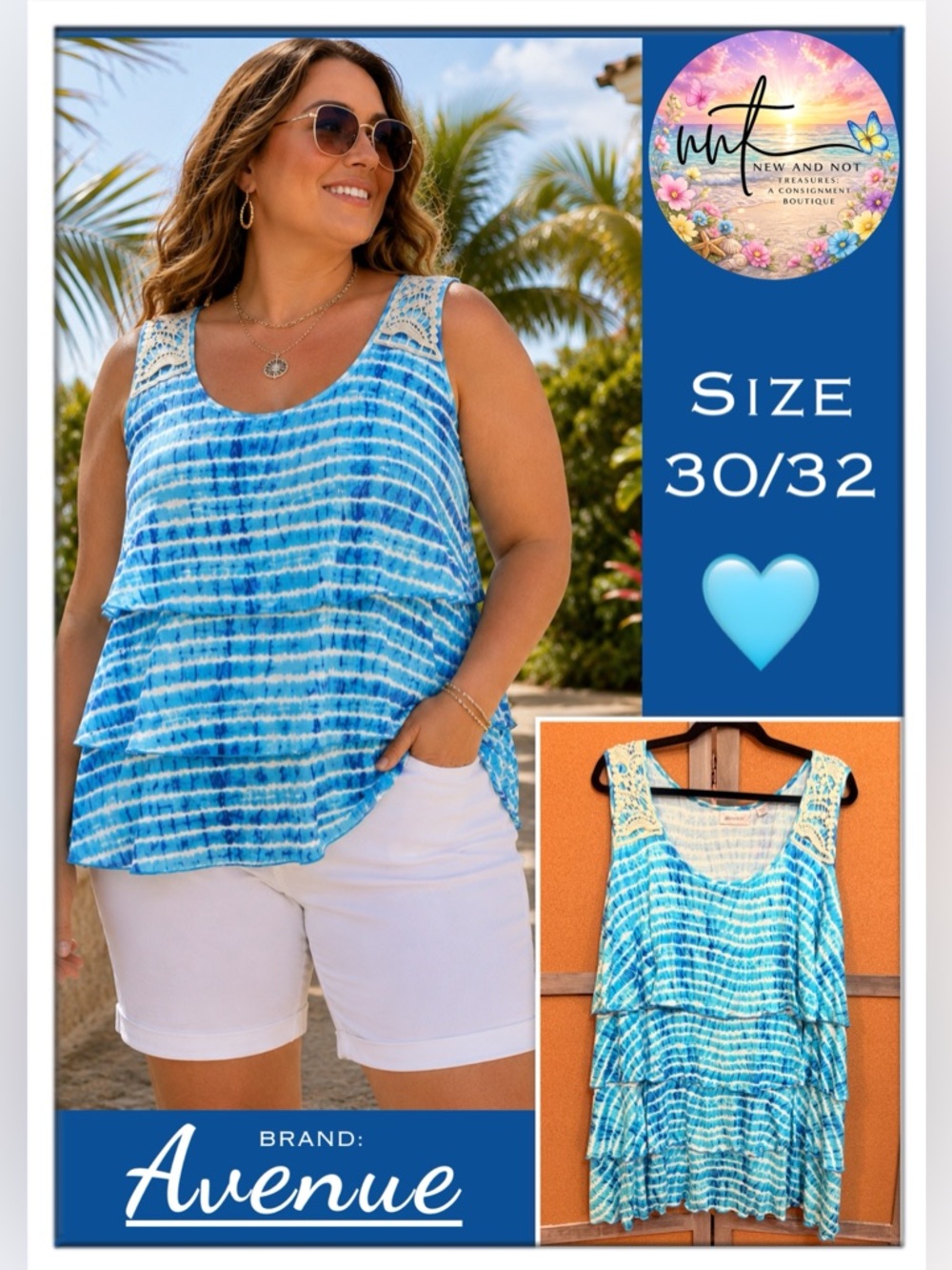 Avenue 30/32 Blue Tie Dye Layered Tank Top Plus Size NWOT Crochet Lace Trim Boho